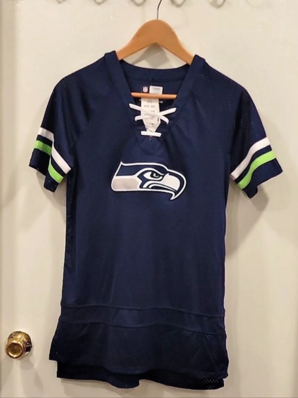 NFL Team Apparel Seattle Seahawks Lace Up V-Neck T-Shirt Jersey Blue & Green